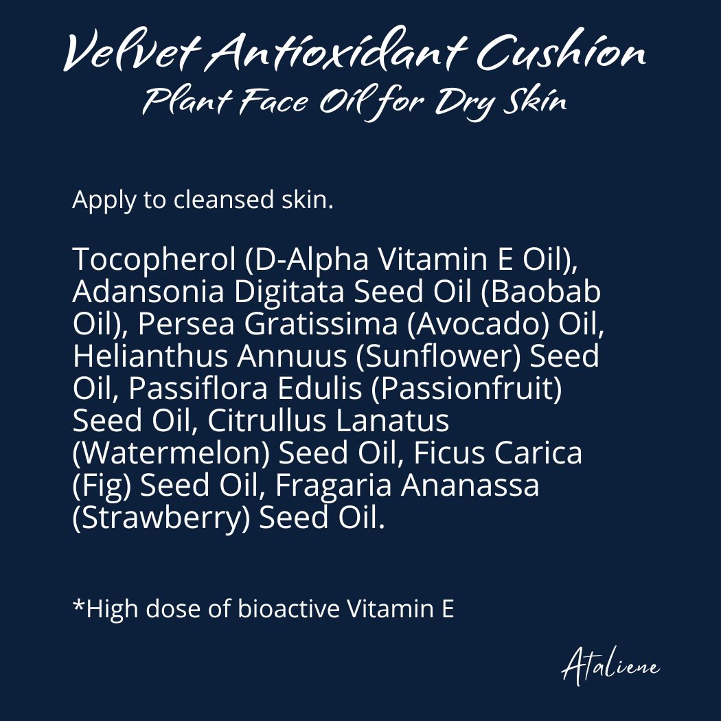 List of ingredients for Velvet Antioxidant Cushion Plant Face Oil on a dark blue background with Atalieve branding.