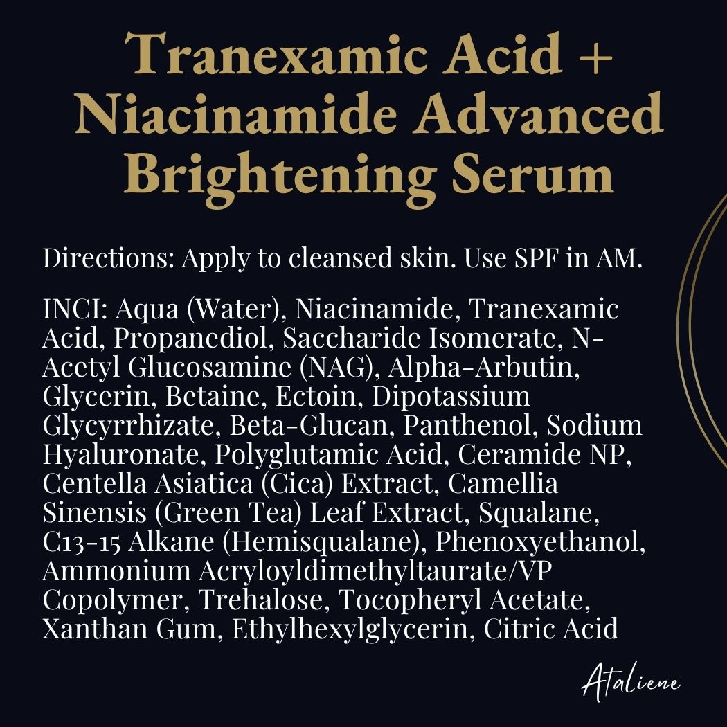 gold and white text describing a ingredients for 'Tranexamic Acid + Niacinamide Advanced Brightening Serum, from Ataliene private label
