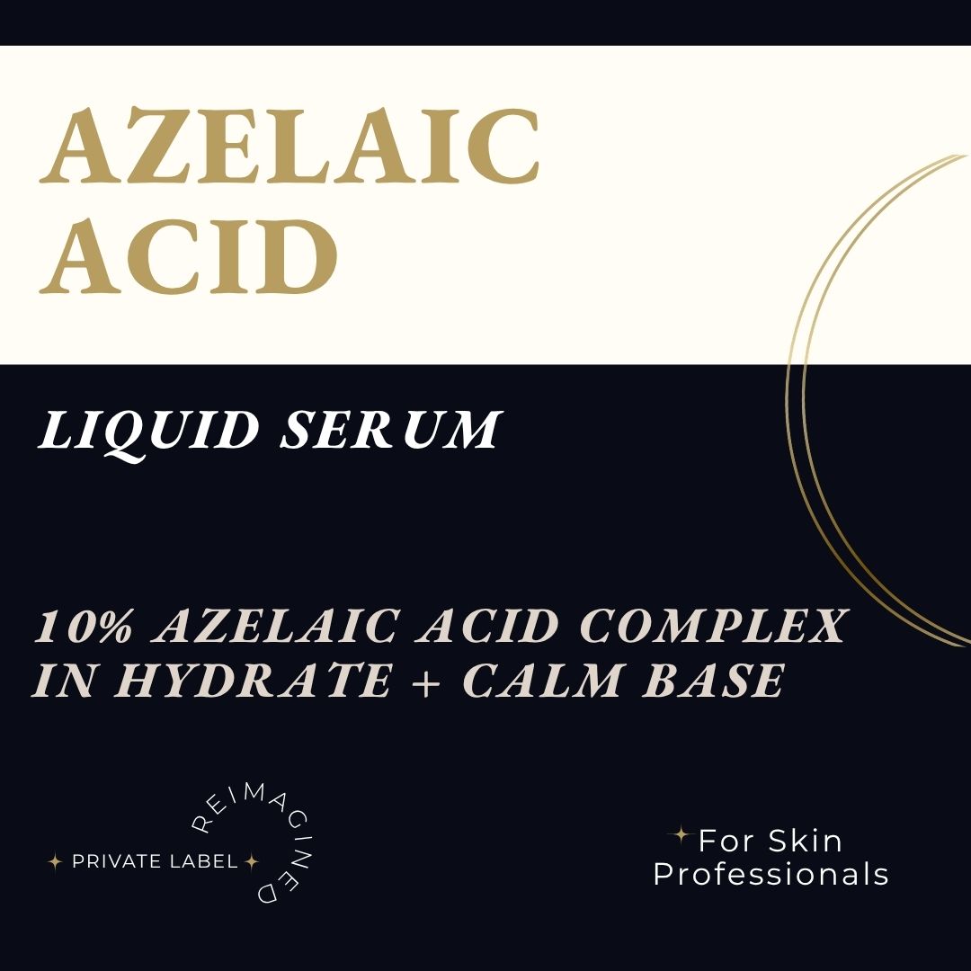 A square product graphic for Azelaic Acid Liquid Serum. The top half is cream with gold text reading 'AZELAIC ACID', and the bottom half is dark navy with white text reading 'LIQUID SERUM' and '10% AZELAIC ACID COMPLEX IN HYDRATE + CALM BASE'. from Ataliene Private Labe Skincare