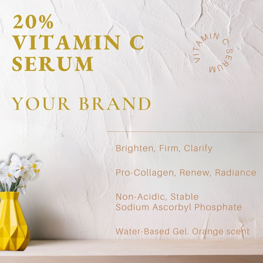 brighten, firm, clarify benefits of private label 20% Vitamin C Serum for estheticians to custom brand with SAP Sodium Ascorbyl Phosphate, not Ascorbic Acid