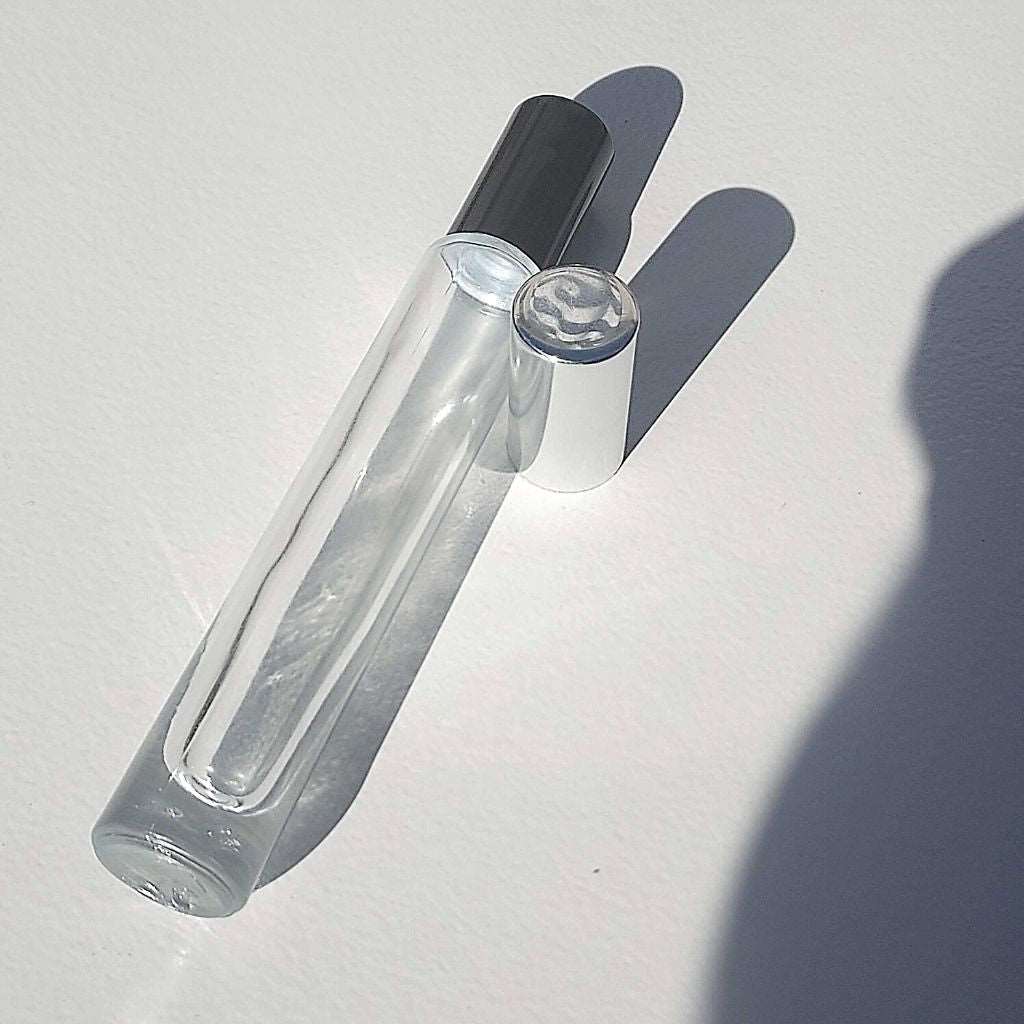 R14: Roller Ball - Clear Glass - Tall Round - with Black Cap - Ataliene Skincare Private Label