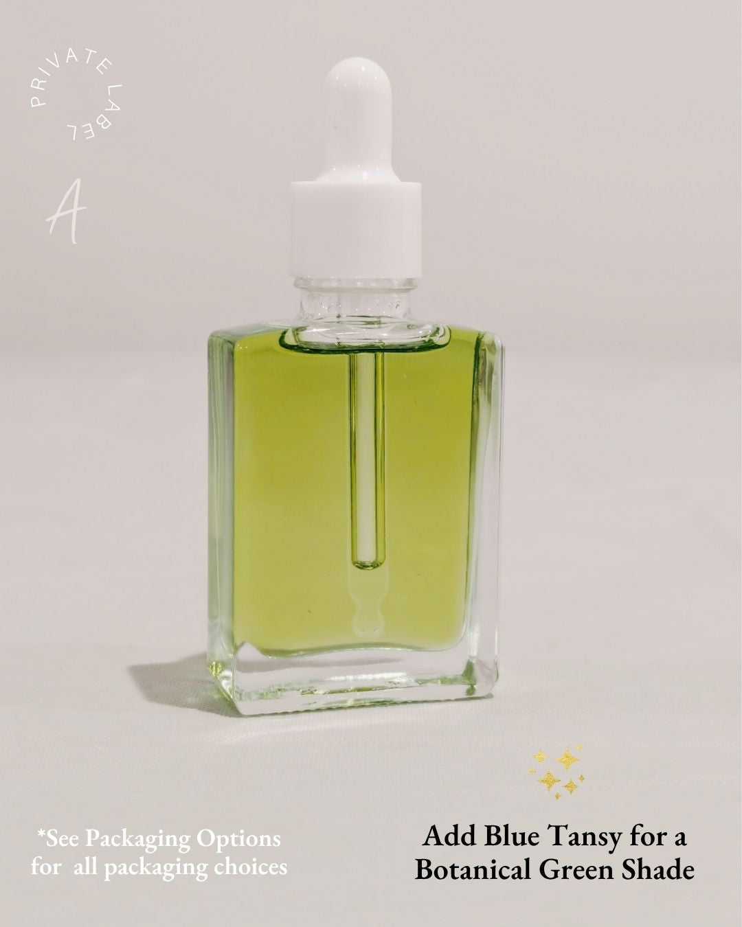 botanical brightening booster - private label - green oil serum in clear bottle. Ataliene Private label