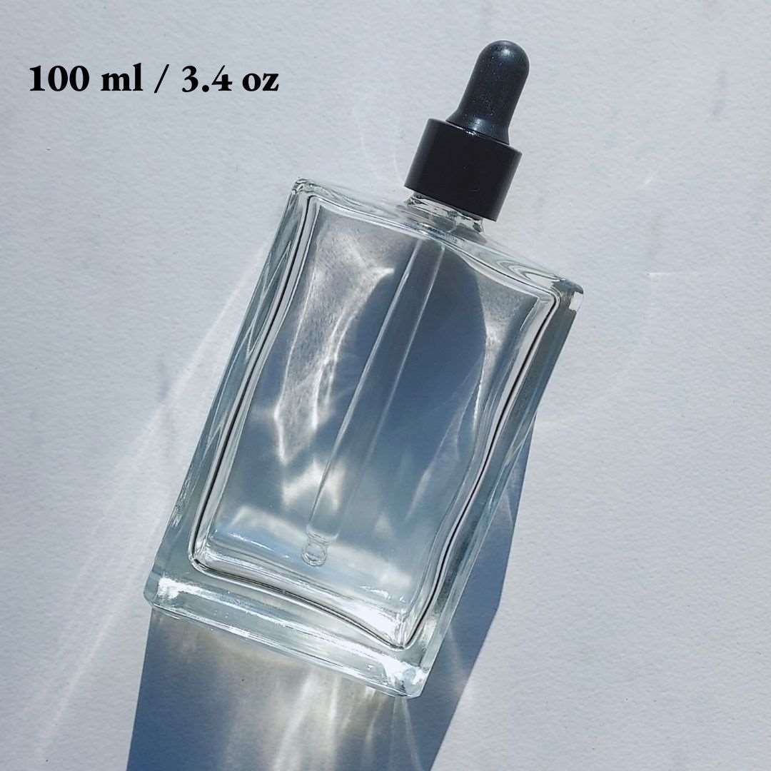Rectangle Clear Glass Bottle with Black Dropper - 3.4 oz 100 ml - Ataliene Skincare Private Label