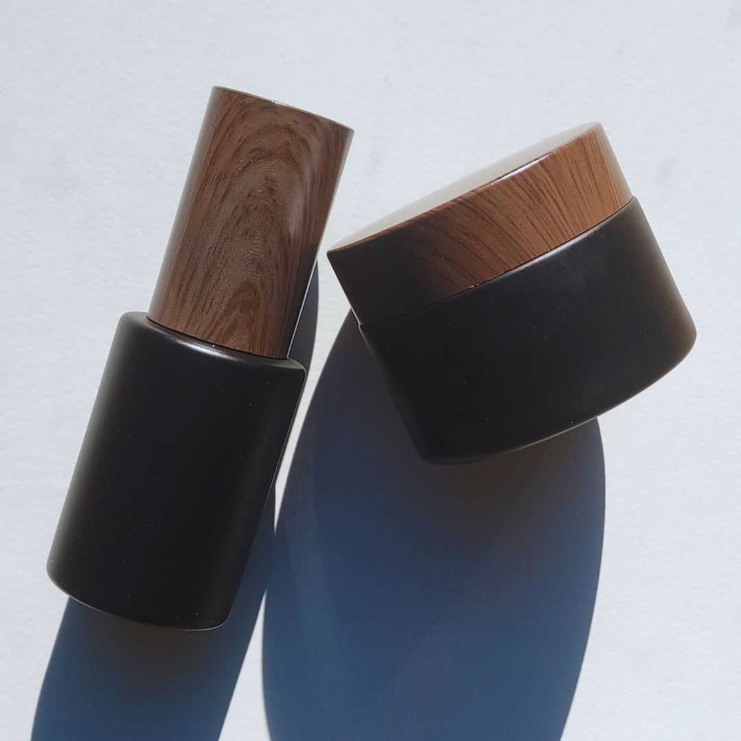 Low MOQ Private Label Skincare - Black Jar with Wood Lid and matching serum bottle - Ataliene Skincare Private Label for Spa