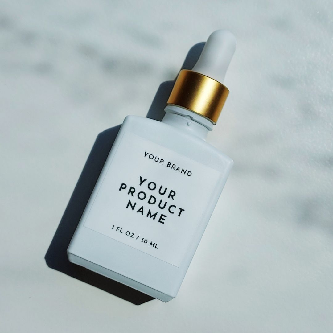 D20G: Square - White Glass Bottle with Gold Dropper - Ataliene Skincare Private Label