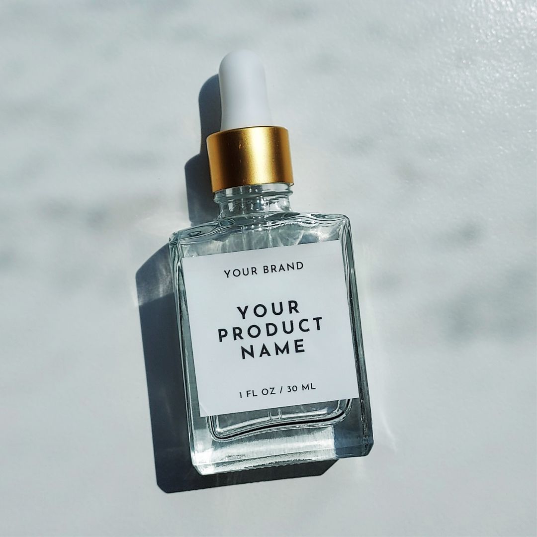 D5G: Square - Clear Glass Bottle with Gold Dropper - Ataliene Skincare Private Label