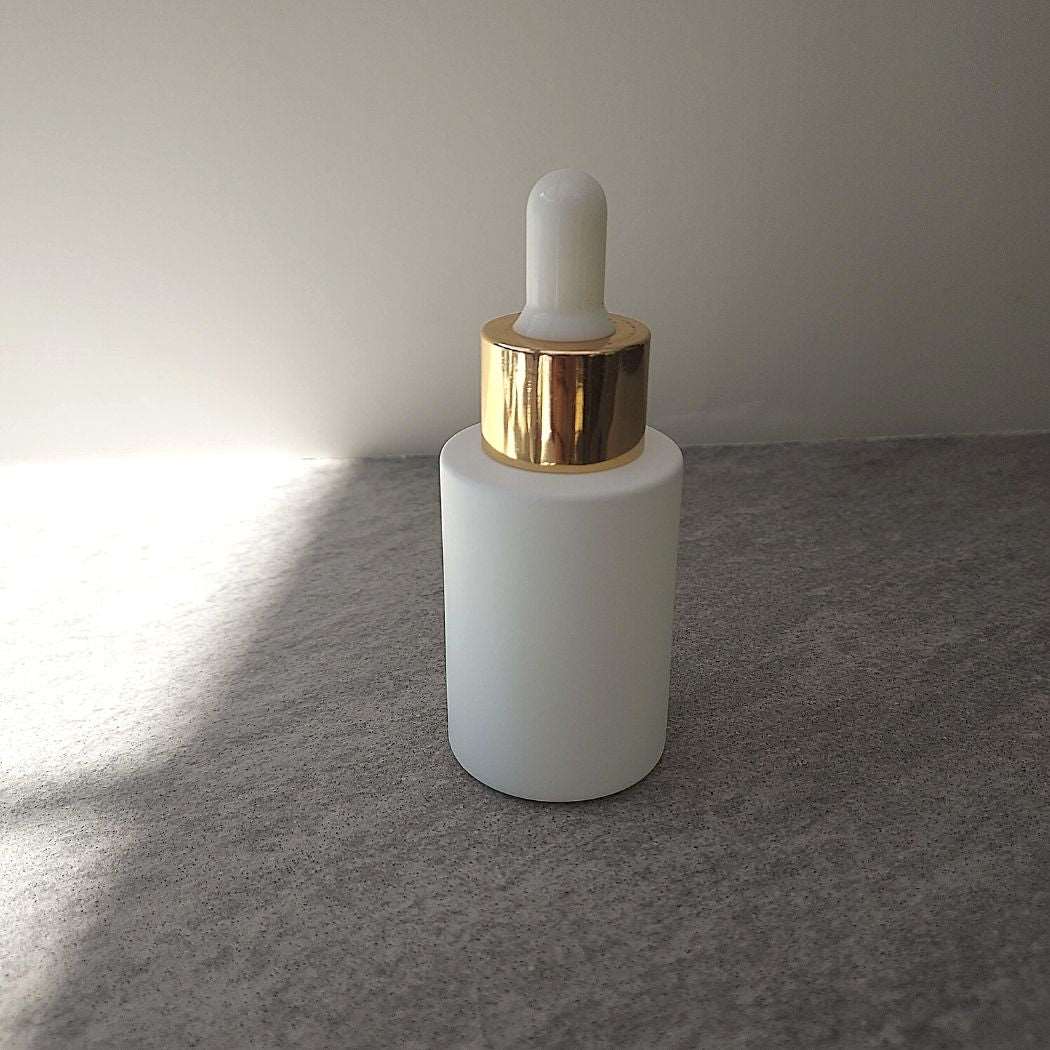 D2: Classic - White Glass Bottle with Gold Dropper - Ataliene Skincare Private Label