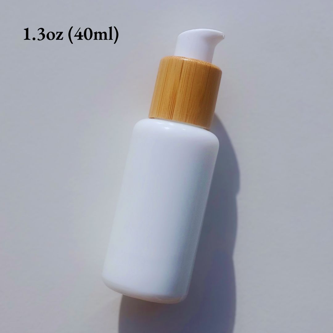 40ml Opal white glass pump bottle with wood twist pump for private label skincare