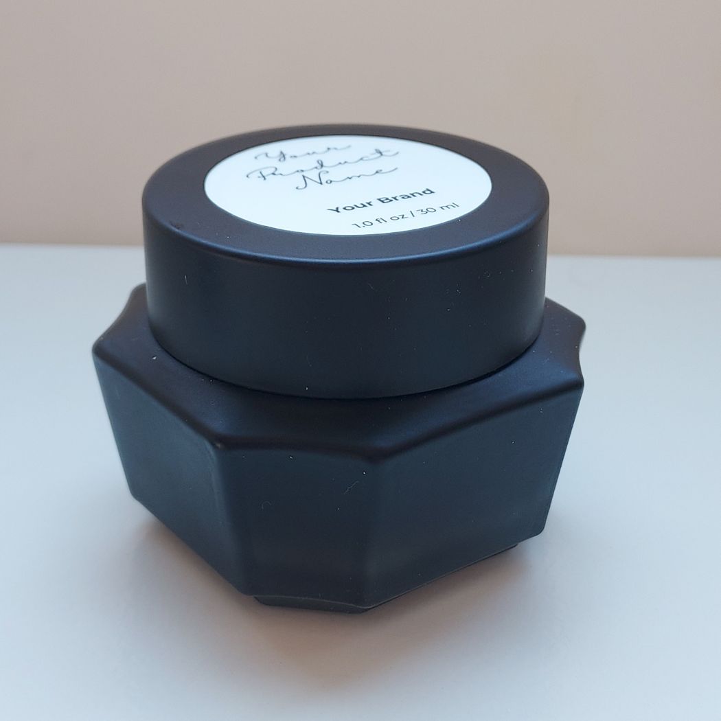 J1: Hexagon - Black Glass Jar with Black Lid - Ataliene Skincare Private Label