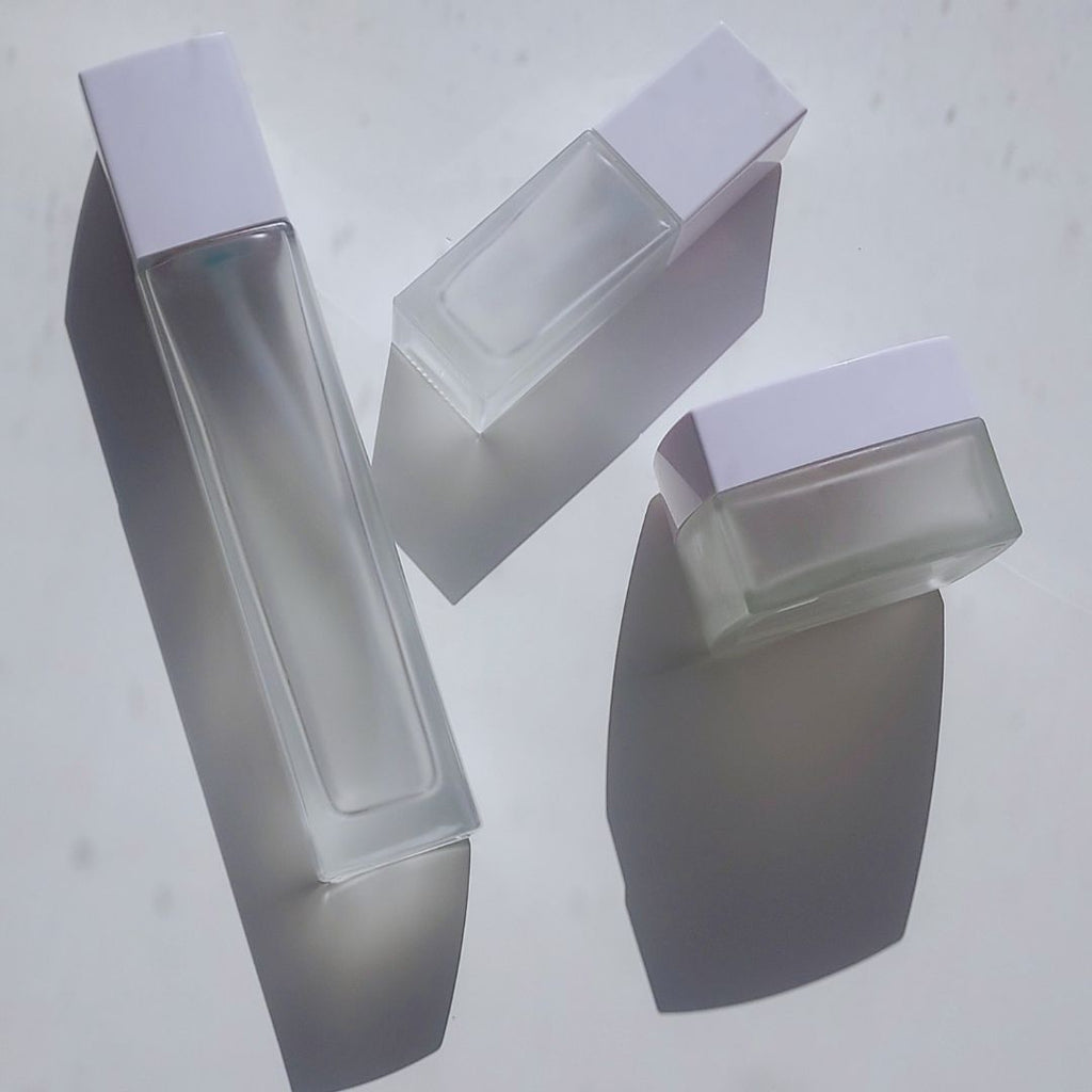 Cleanser, Serum and Moisturizer Packaging for Private Label - Frosted Glass with White lids - Ataliene Skincare Private Label