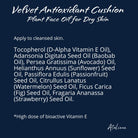 List of ingredients for Velvet Antioxidant Cushion Plant Face Oil on a dark blue background with Atalieve branding.
