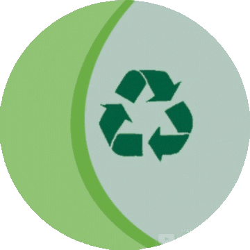 rotating recycling symbol, heart and planet over green moon with grass green crescent moon on left