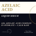 A square product graphic for Azelaic Acid Liquid Serum. The top half is cream with gold text reading 'AZELAIC ACID', and the bottom half is dark navy with white text reading 'LIQUID SERUM' and '10% AZELAIC ACID COMPLEX IN HYDRATE + CALM BASE'. from Ataliene Private Labe Skincare
