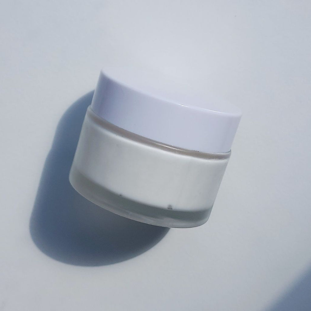 Frosted Glass Jar 1.7 oz with White Lid for private label moisturizer or cream. Ataliene Skincare Private Label