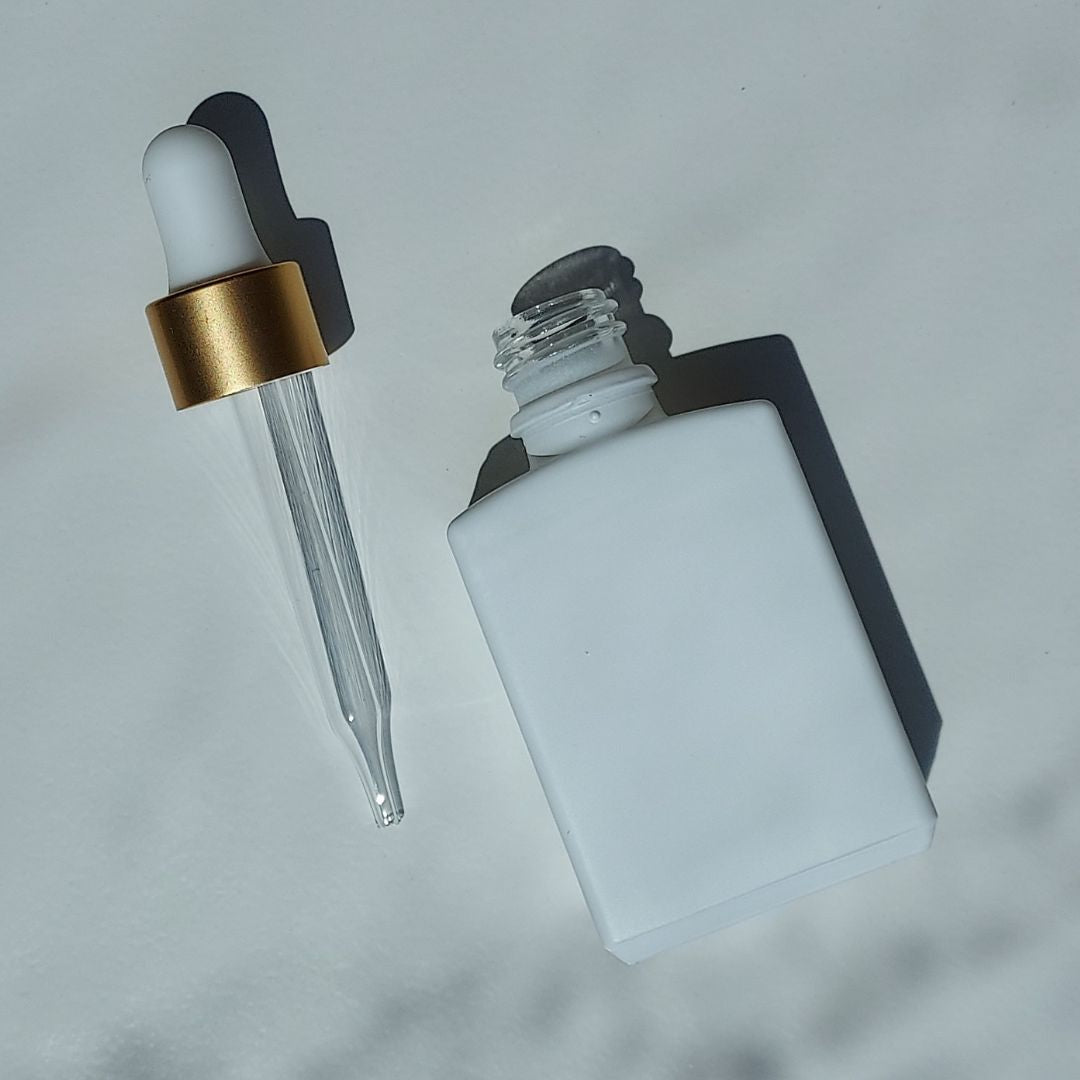 D20G: Square - White Glass Bottle with Gold Dropper - Ataliene Skincare Private Label