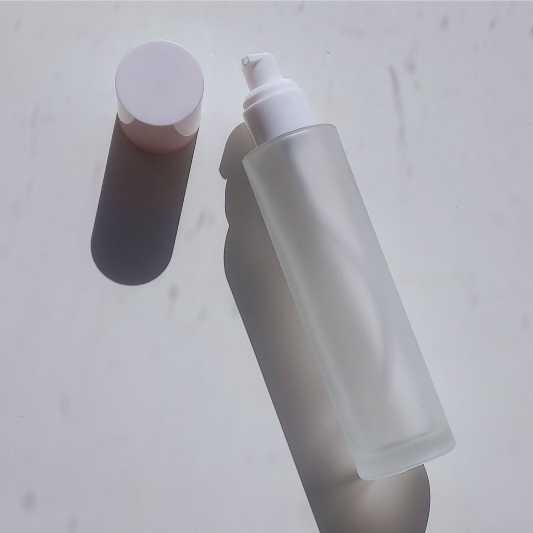 Round Frosted Glass Cleanser Bottle - Cylinder Shape 4 oz 120 ml - white pump - Ataliene Skincare Private Label