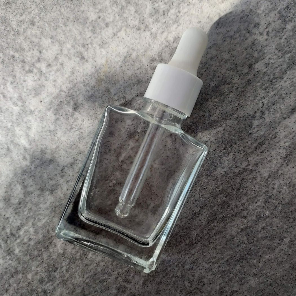 D5: Square - Clear Glass Bottle with White Dropper - Ataliene Skincare Private Label
